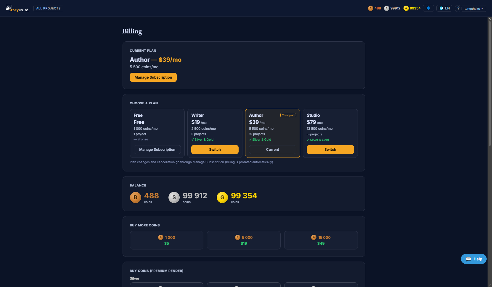 The Billing page — a Current Plan card (Author, $39/mo, coins/mo, Manage Subscription), a Choose a Plan row (Free, Writer, Author, Studio) each with price, coins, projects and quality tiers, a Balance card with bronze/silver/gold, and Buy More Coins packages