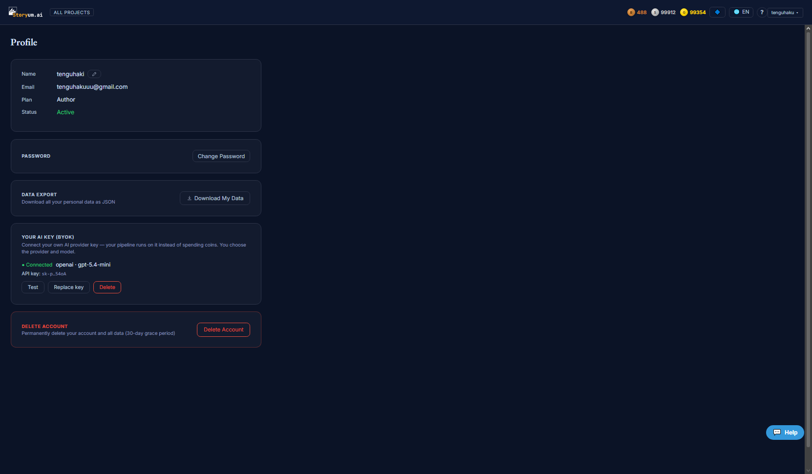 The Profile page — an account card (name, email, plan, status), a Change Password card, a Data Export card, the Your AI Key (BYOK) card showing a connected provider and model with Test / Replace / Delete buttons, and a Delete Account card