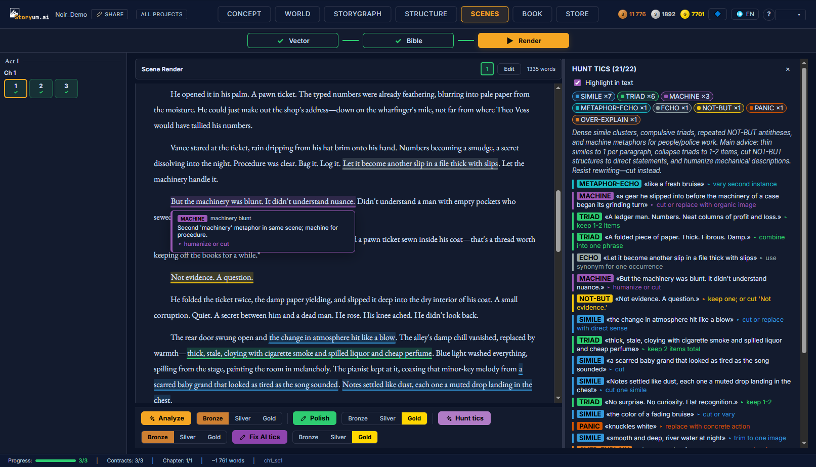 The finished prose, scored on 10 axes, then hunted for AI-tics — with one-click fixes.