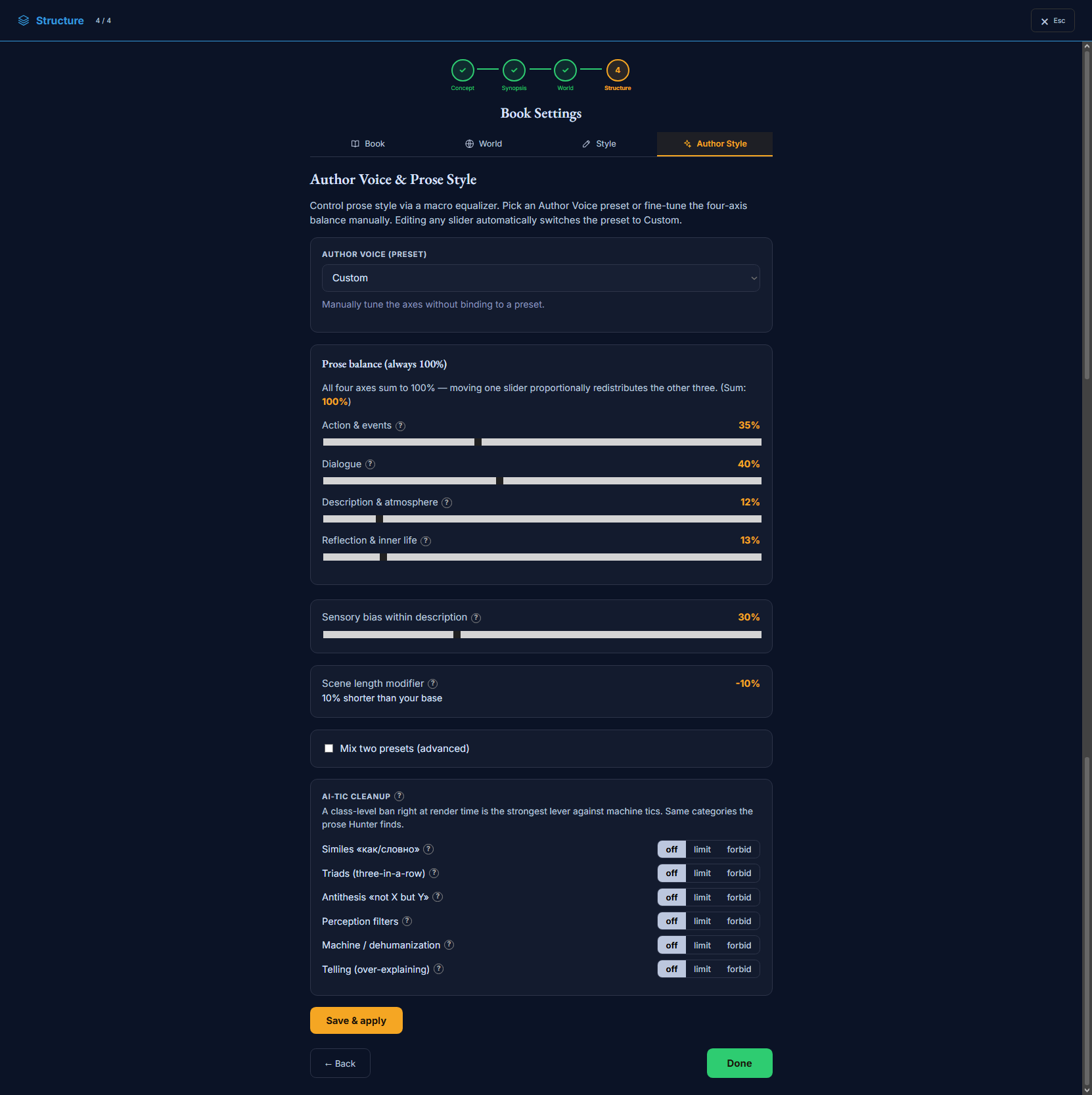 The Author Style tab — Author Voice preset, the four-axis prose-balance equalizer, sensory bias, scene-length readout, and the AI-tic cleanup toggles