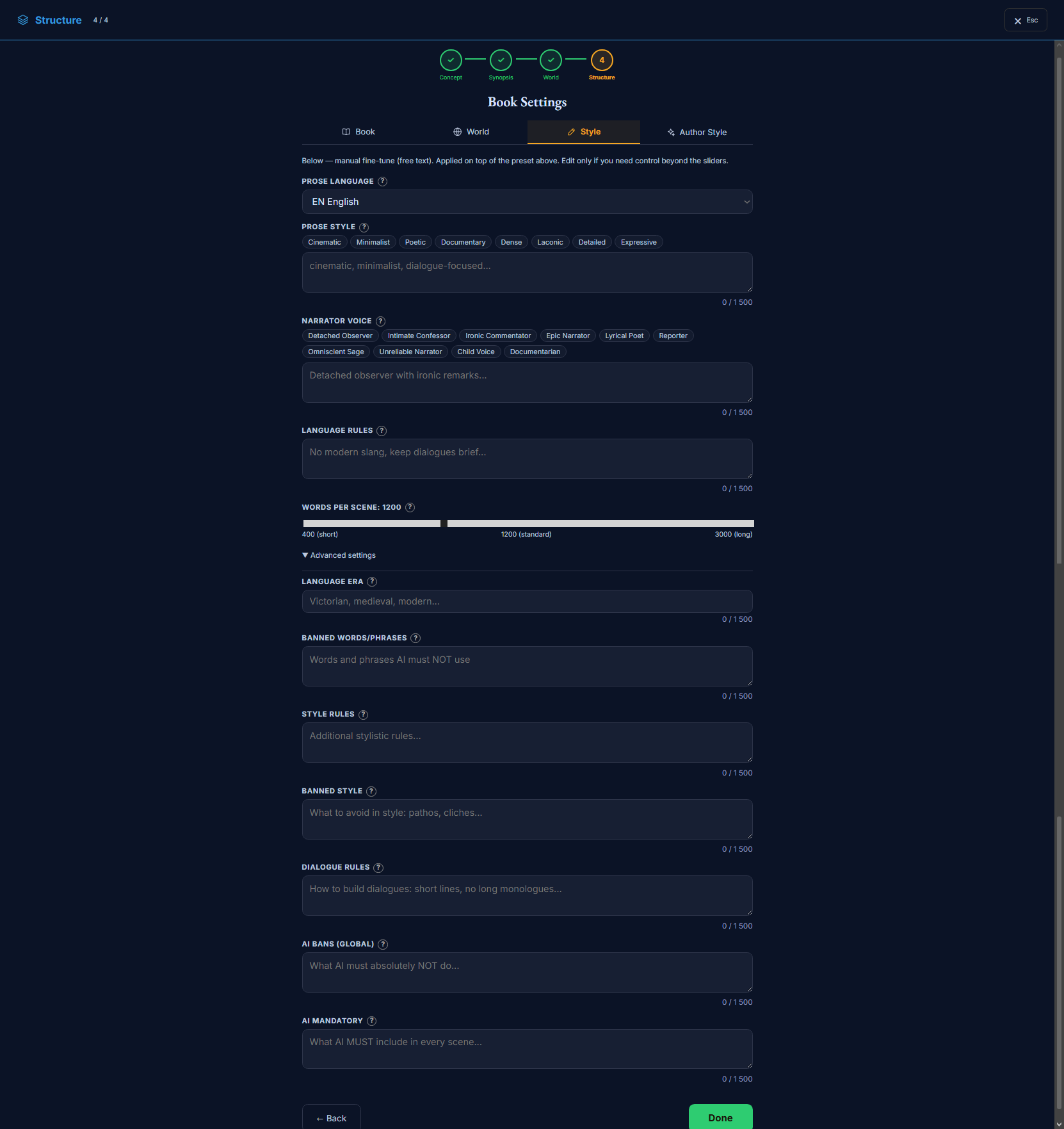 The Book Settings modal, Style tab — prose language, prose style, narrator voice, language rules, words per scene, and the Advanced bans