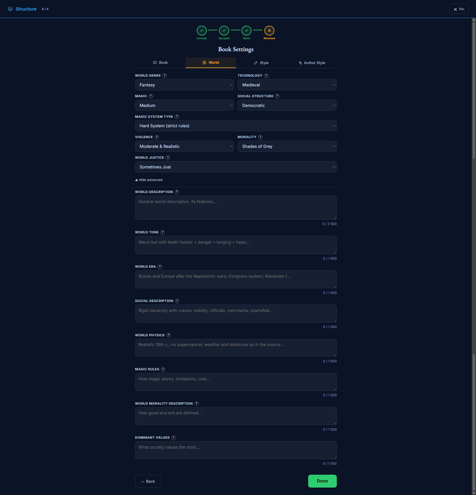 The Book Settings modal, World tab — genre, technology, magic, social structure, violence, morality, justice, and free-text world fields