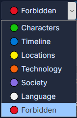 The category dropdown — Characters, Timeline, Locations, Technology, Society, Language, Forbidden