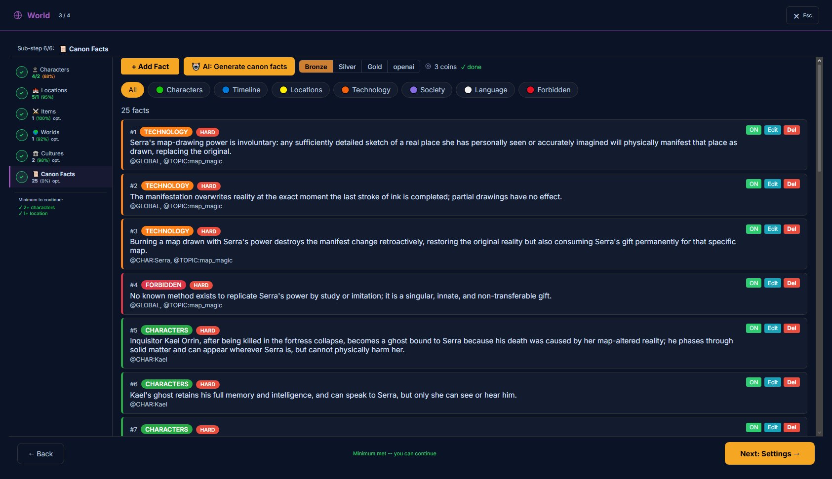 The Canon Facts editor — a list of rule cards with category and severity badges, scope tags, and category filters