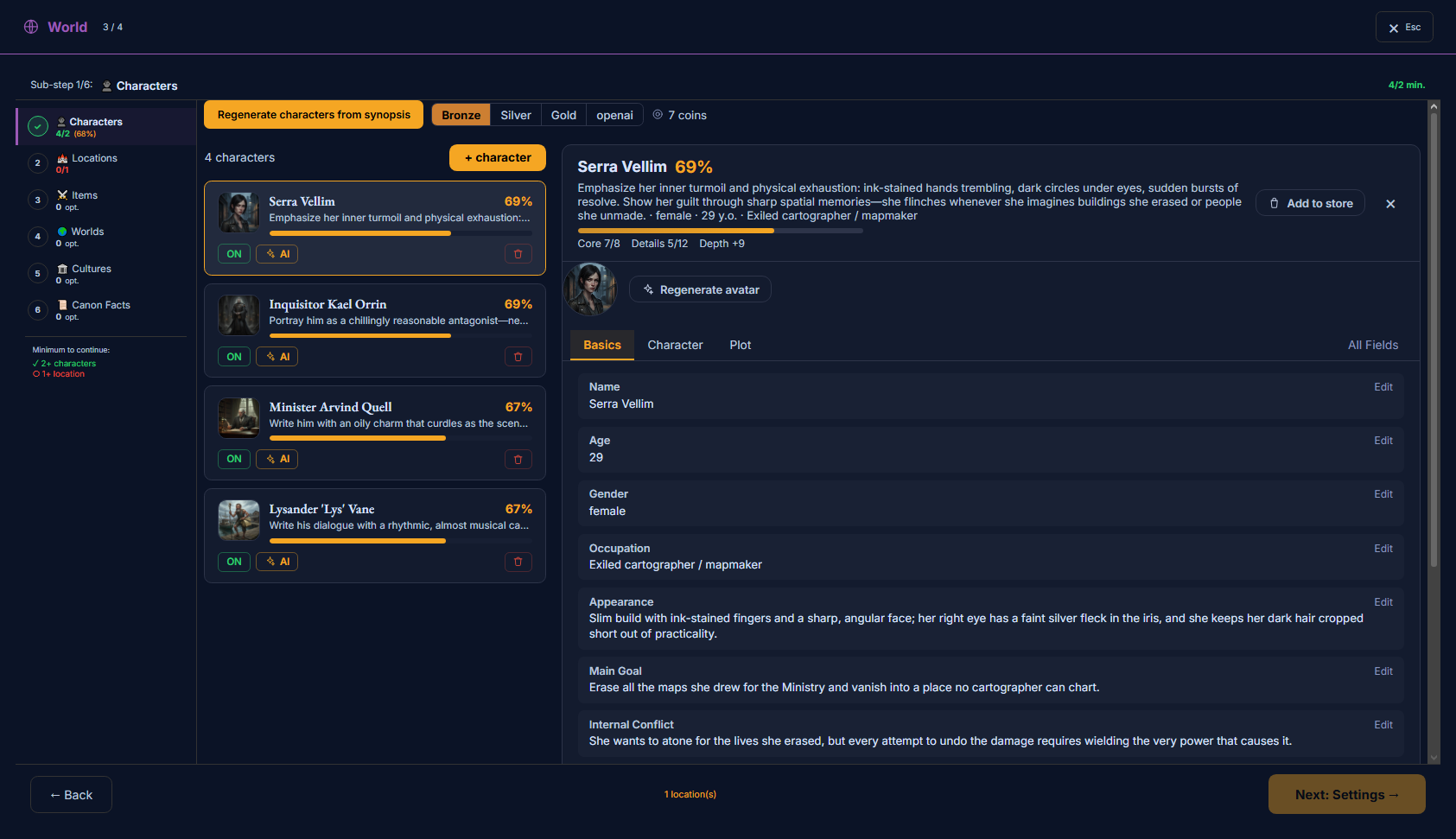 The Character editor — a character list on the left, a detailed profile with Basics/Character/Plot/All-Fields tabs on the right
