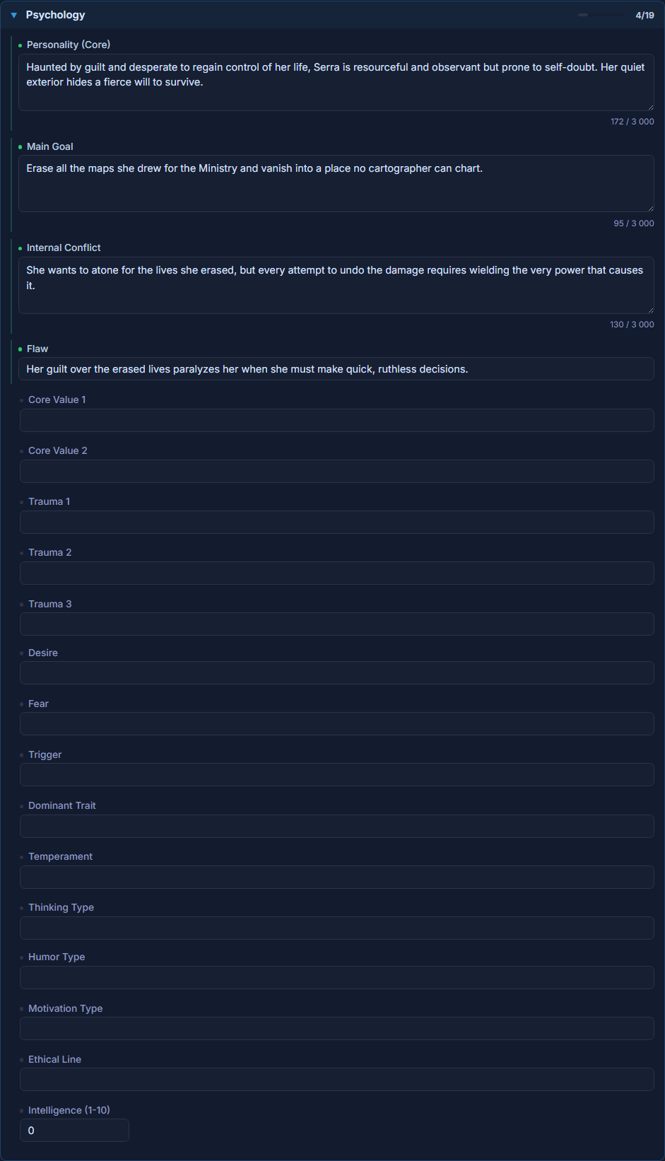 The Psychology section expanded, showing text fields with character counters