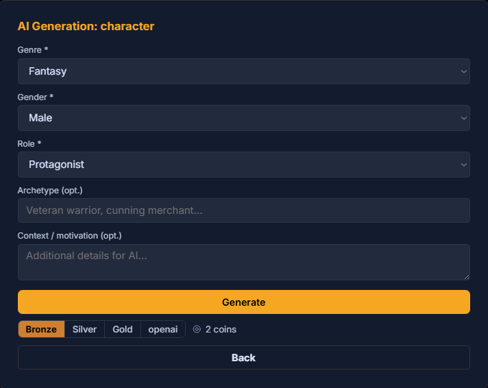 The AI Generation: character wizard — Genre, Gender, Role (required), Archetype and Context/motivation (optional), a Generate button with a tier selector, and Back