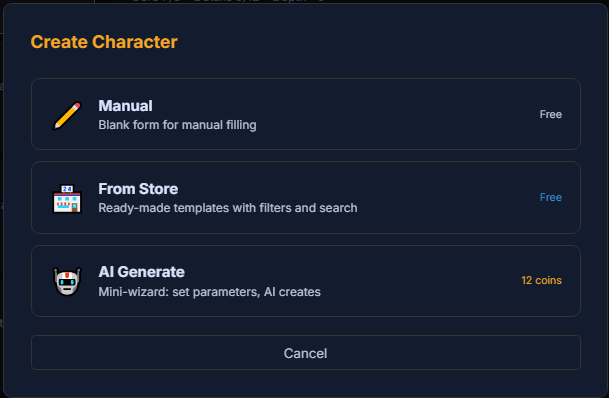 The Create Character menu — Manual (free), From Store (free), AI Generate (12 coins)
