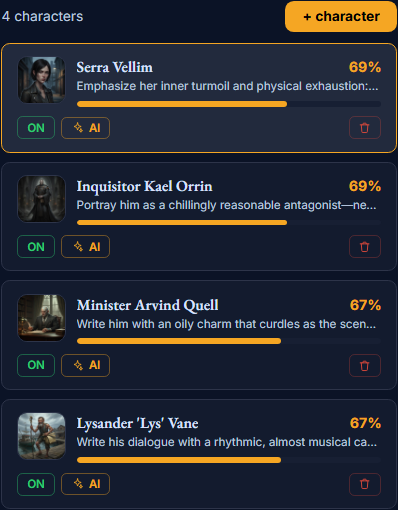 The cast list — a card per character with its completeness %, an on/off switch, an AI badge, and delete