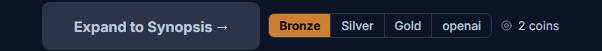 The Expand to Synopsis button, a quality-tier selector, and the coin cost