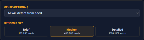 The Genre select and the Synopsis-size toggle (Brief / Medium / Detailed)