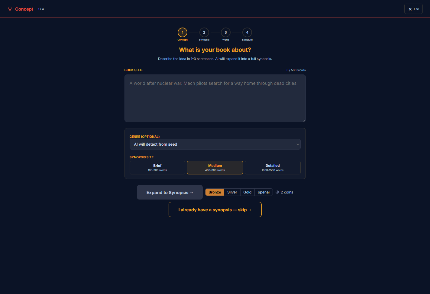 The Concept step — a Book Seed field, genre and synopsis-size options, and an Expand to Synopsis button