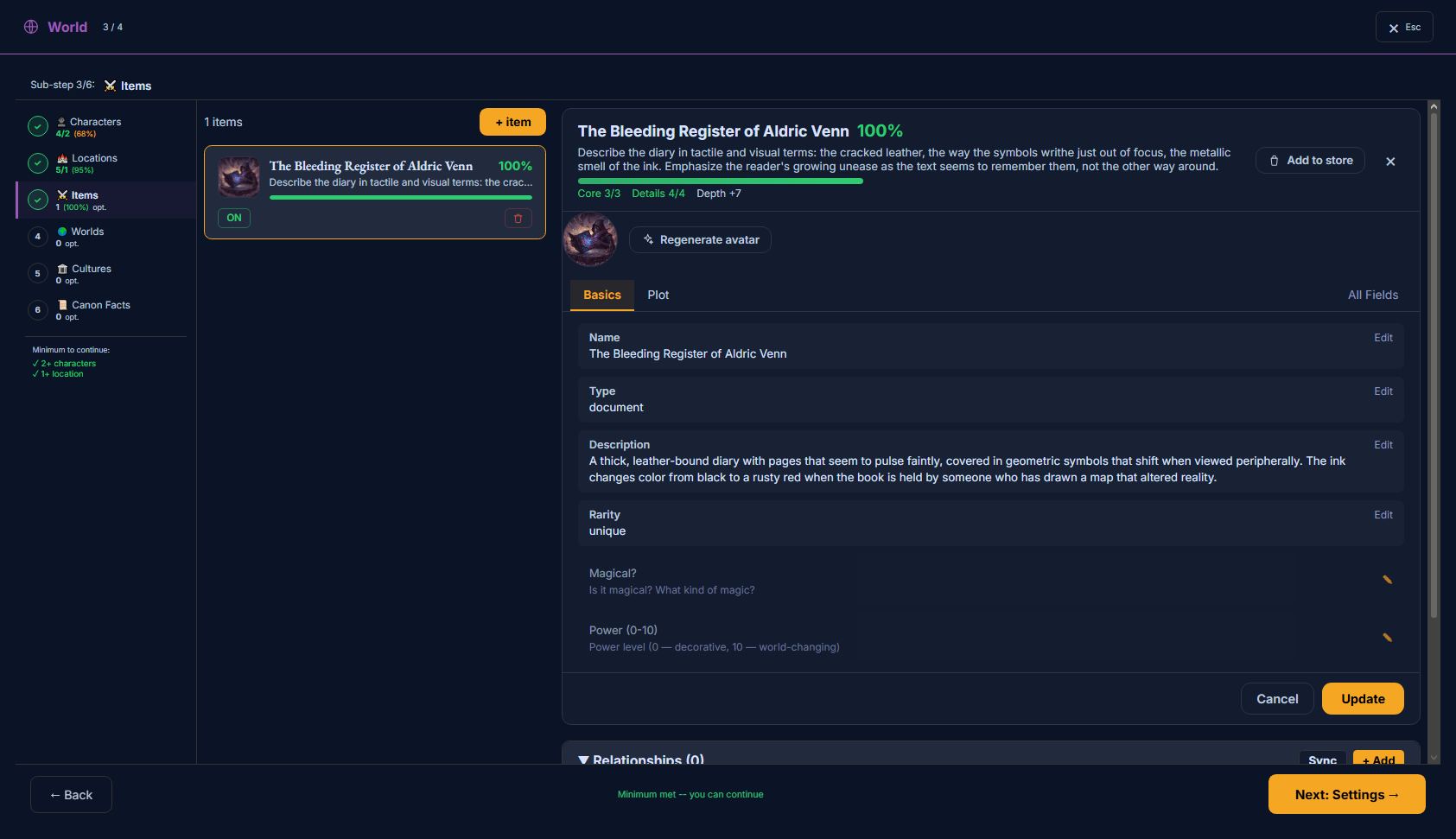 The Items page — a list of items on the left, a selected item’s profile with Basics/Plot tabs on the right
