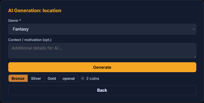 The AI Generation: location wizard — a Genre select, an optional context field, and a Generate button with a tier selector