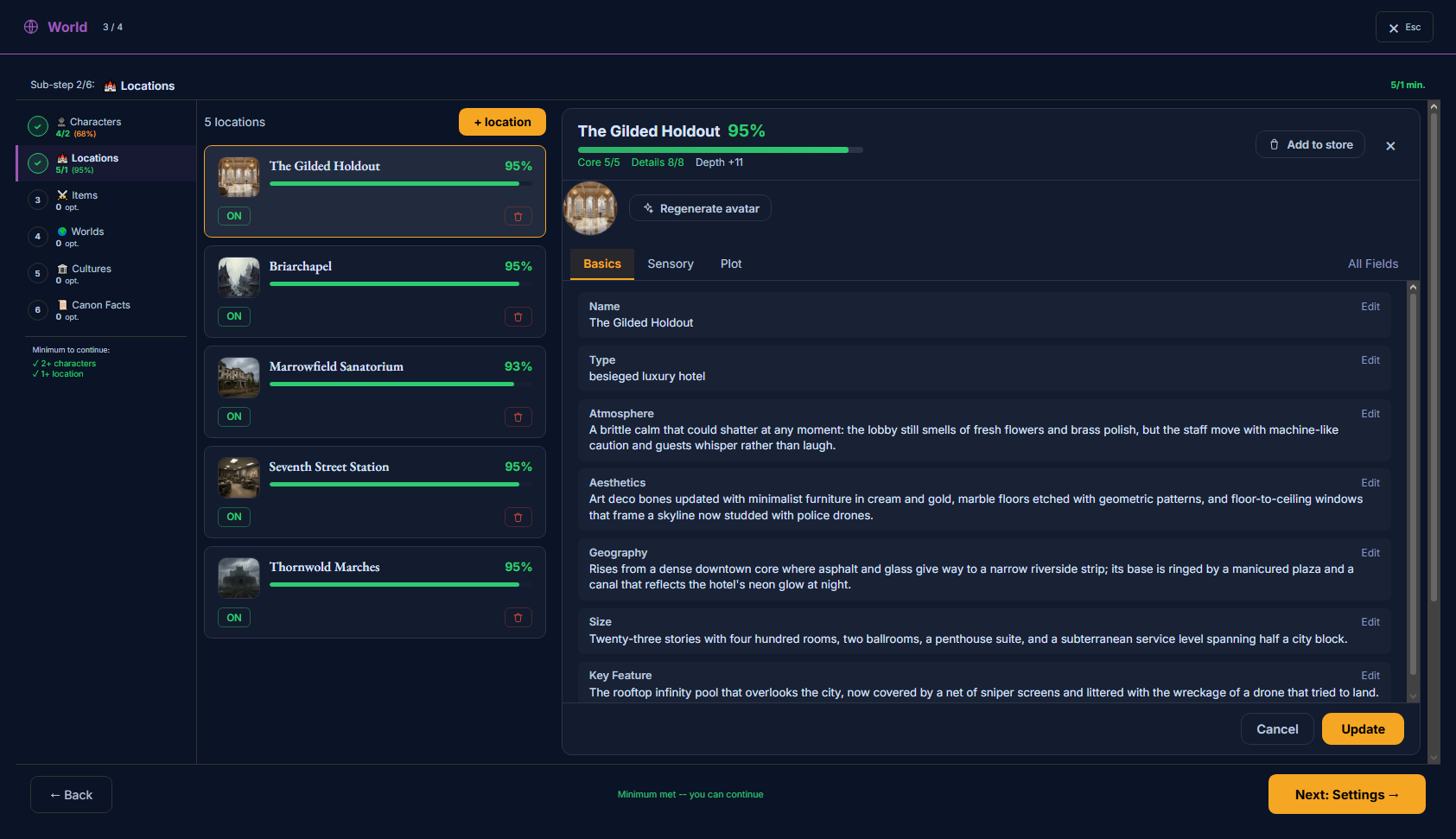 The Locations page — a list of places on the left, a selected location’s profile with Basics/Sensory/Plot tabs on the right