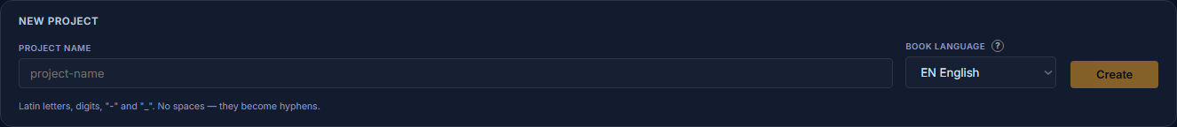 The New-project form: Project name field and Book language select