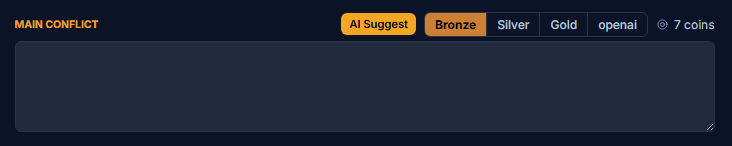 The Main Conflict field with an AI Suggest button, a tier selector, and a coin cost