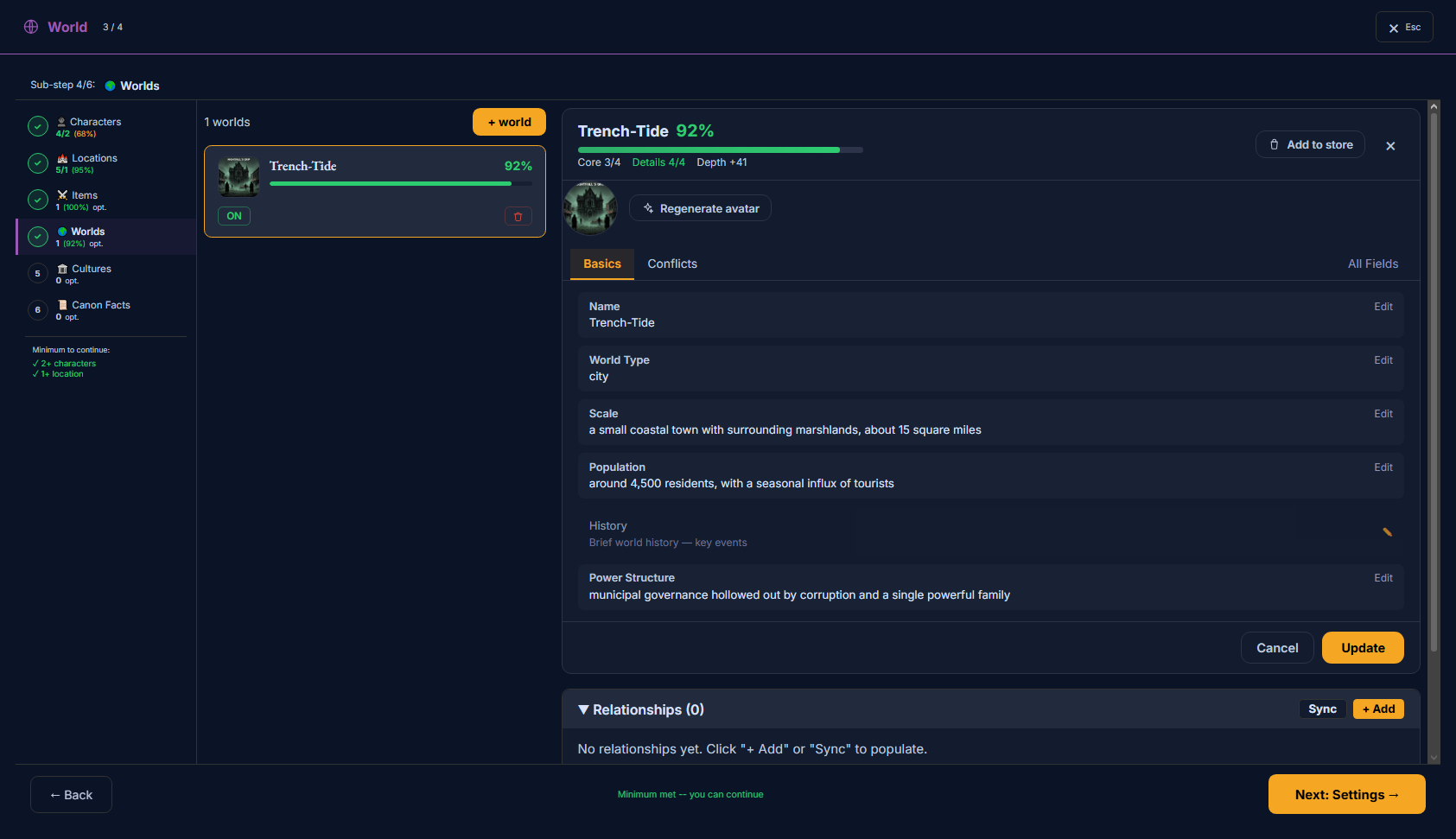 The World editor — a world in the list, its profile with Basics/Conflicts tabs and All Fields