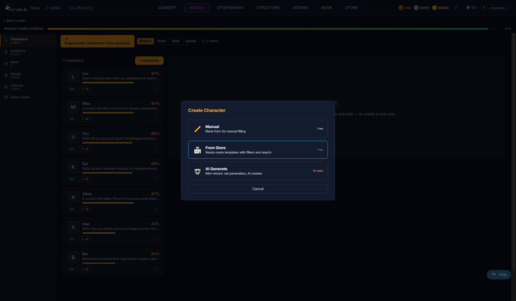 The Create Character menu with three options — Manual (blank form), From Store (ready-made templates with filters and search), and AI Generate — with From Store highlighted
