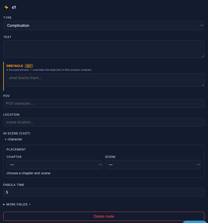 The Complication parameter editor in the StoryGraph inspector