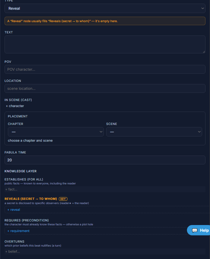 The Reveal parameter editor in the StoryGraph inspector