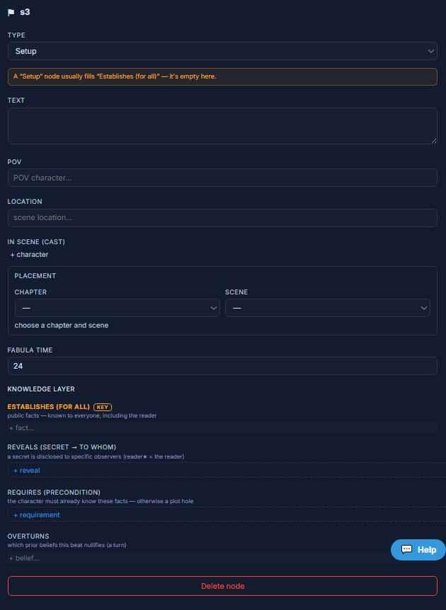The Setup parameter editor in the StoryGraph inspector