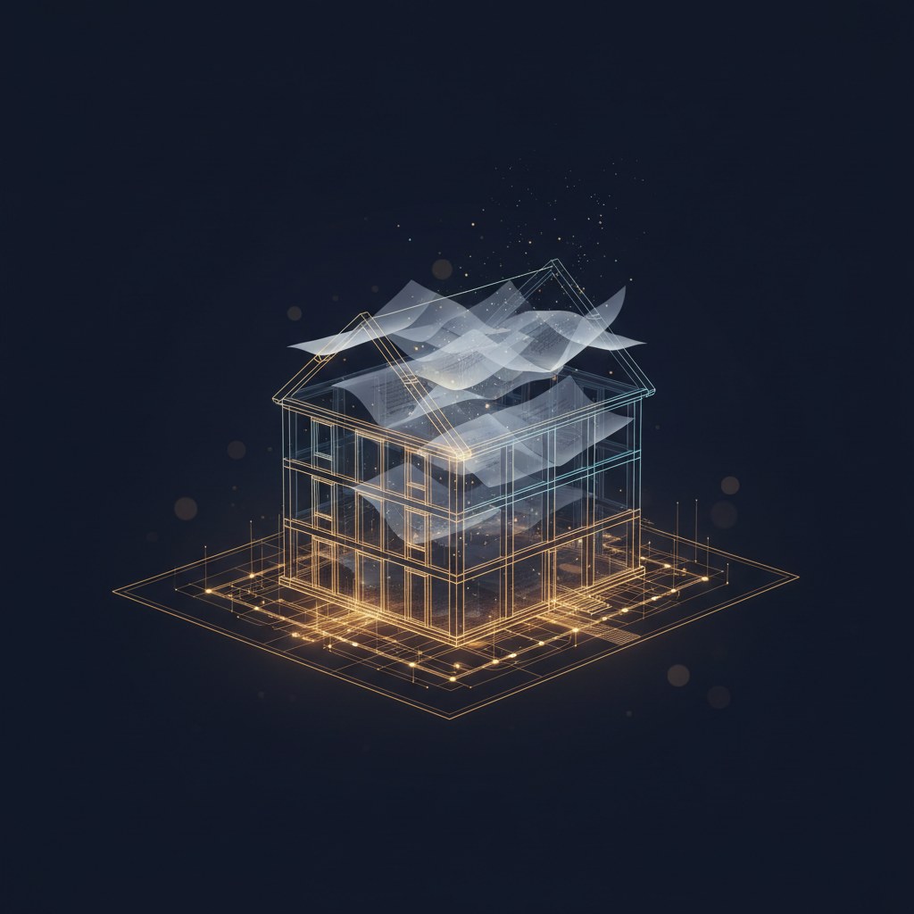 A novel imagined as a building: a glowing amber node-graph blueprint foundation, an architectural wireframe of walls and floors above it, and pages dissolving from the upper storeys
