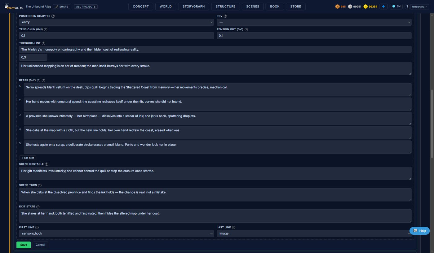 The scene editor — editable beats (numbered), scene obstacle, scene turn, exit state, and first/last-line style