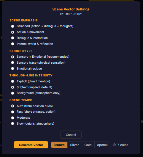 The Scene Vector Settings dialog — scene emphasis, bridge style, through-line intensity and scene tempo, with a Generate Vector button